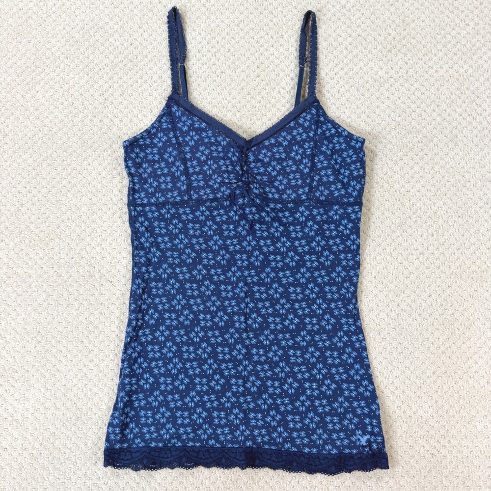 Y2K American Eagle Lace Cami Tank Top VTG Womens SM Blue Floral Babydoll Fairy